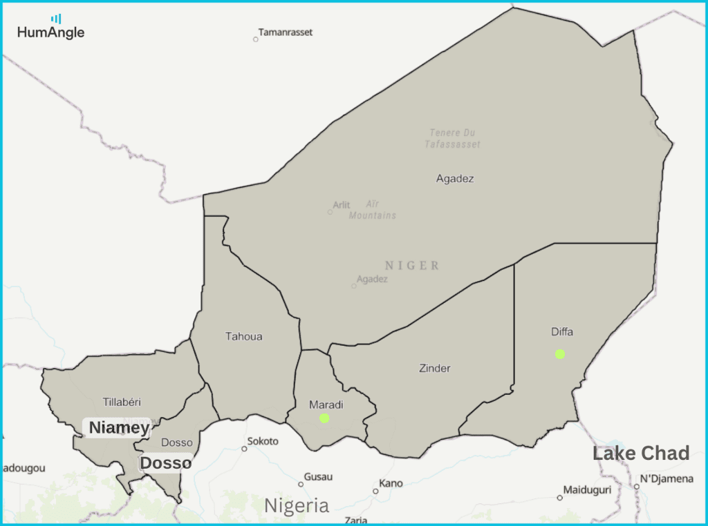Map of Niger showing regions: Niamey, Dosso, Tahoua, Agadez, Zinder, and Diffa, with neighboring countries marked.