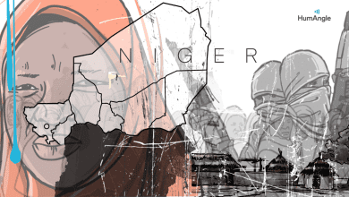 Illustration showing the map of Niger with faces and traditional huts in the background, accentuating cultural elements.