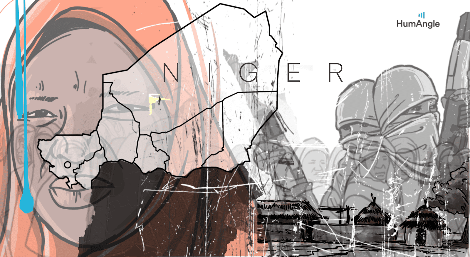 Illustration showing the map of Niger with faces and traditional huts in the background, accentuating cultural elements.