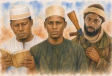 Three men in traditional attire: one reading, one looking forward, one with a rifle slung over his shoulder. Abstract background.