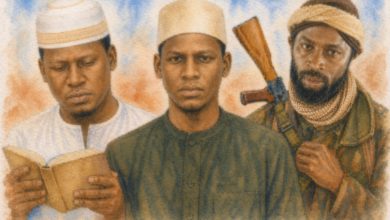 Three men in traditional attire: one reading, one looking forward, one with a rifle slung over his shoulder. Abstract background.