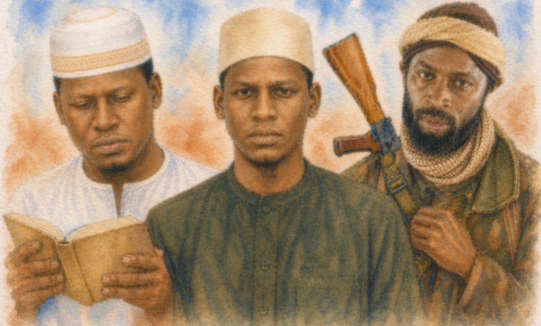 Three men in traditional attire: one reading, one looking forward, one with a rifle slung over his shoulder. Abstract background.