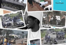 Collage of military vehicles, armed individuals, and people on the ground in conflict scenes with text overlays in a foreign language.