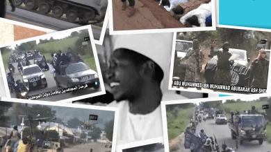 Collage of military vehicles, armed individuals, and people on the ground in conflict scenes with text overlays in a foreign language.