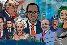Colorful collage of officials and global landmarks, featuring abstract art elements and text "Nigeria" with a plane silhouette.