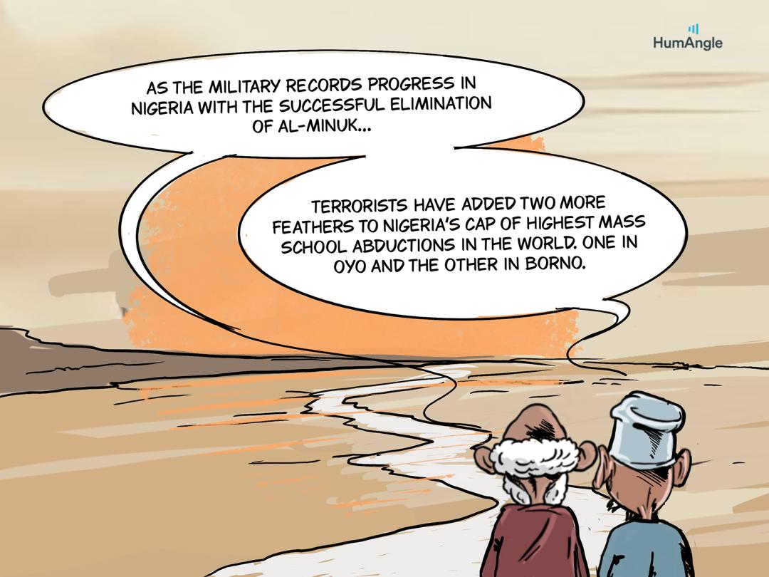 Two people discuss progress on Nigeria's military success and report on new school abductions in Oyo and Borno.