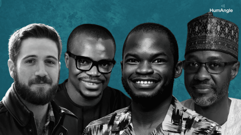 Four men smiling on a teal background, with the HumAngle logo in the top right corner.