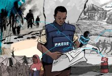 Journalist in a press vest reads notes amid scenes of conflict and displacement, with silhouettes of soldiers and refugees in the background.