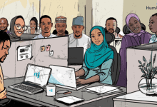 Illustration of a diverse office with people working at desks, using laptops, and chatting.