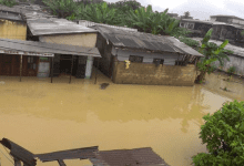 Flooded neighborhood with submerged buildings and muddy water, surrounded by greenery and overcast sky.
