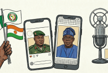 Illustration with ECOWAS, Nigerian, and Niger flags, two phones showing portraits, and a microphone symbolizing media or communication.
