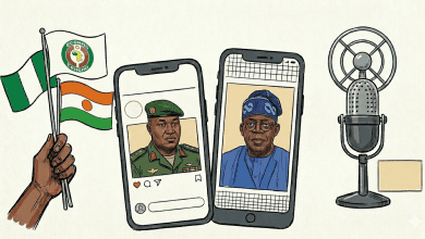 Illustration with ECOWAS, Nigerian, and Niger flags, two phones showing portraits, and a microphone symbolizing media or communication.