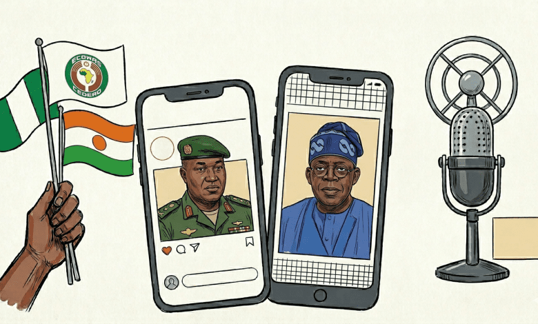 Illustration with ECOWAS, Nigerian, and Niger flags, two phones showing portraits, and a microphone symbolizing media or communication.