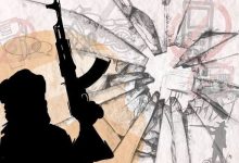 Silhouette of a figure holding a rifle amidst abstract background with jagged shapes and muted colors.