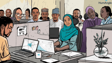 Illustration of a diverse office with people working at desks, using laptops, and chatting.