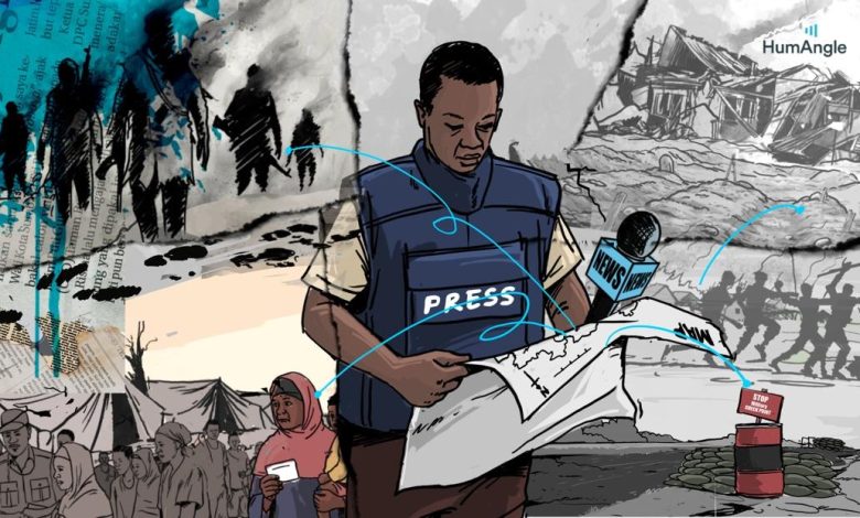 Journalist in a press vest reads notes amid scenes of conflict and displacement, with silhouettes of soldiers and refugees in the background.