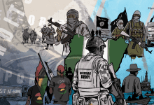 Illustration depicting conflict themes in Nigeria, with military, militants, and activists against a backdrop of the Nigerian flag map.
