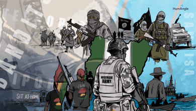 Illustration depicting conflict themes in Nigeria, with military, militants, and activists against a backdrop of the Nigerian flag map.