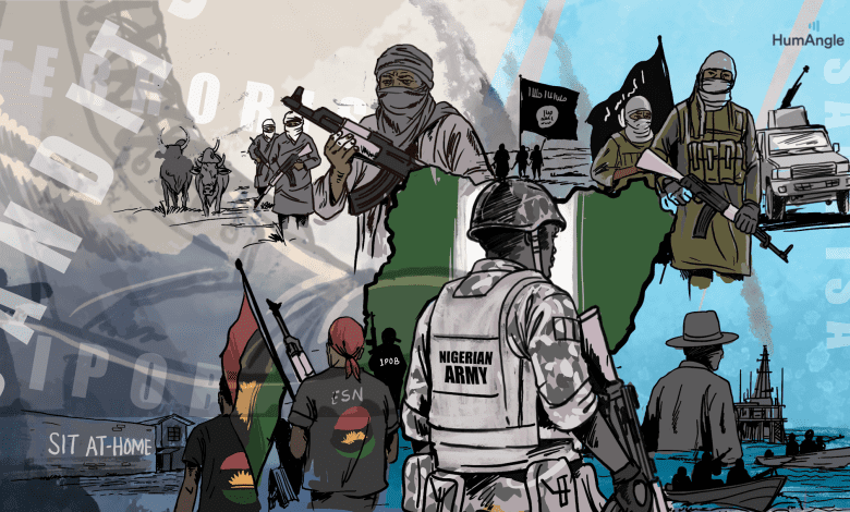 Illustration depicting conflict themes in Nigeria, with military, militants, and activists against a backdrop of the Nigerian flag map.