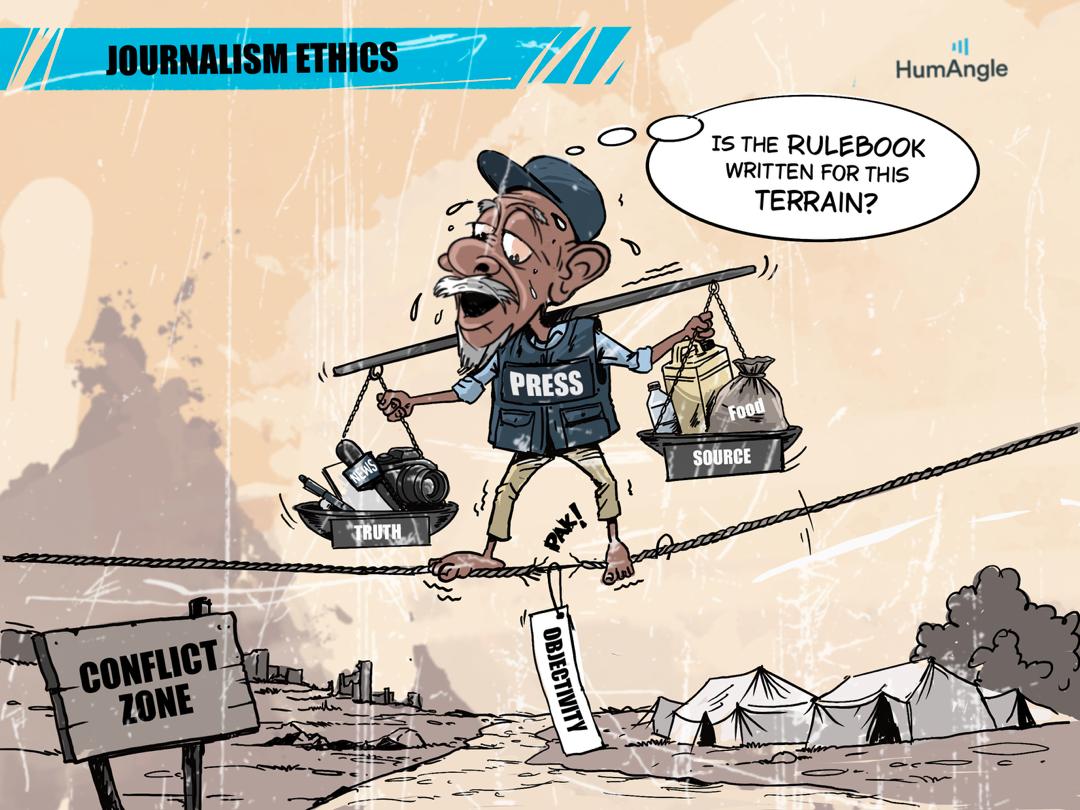 Cartoon of a reporter on a tightrope labeled "Journalism Ethics" over a conflict zone, juggling truth, food, and objectivity.
