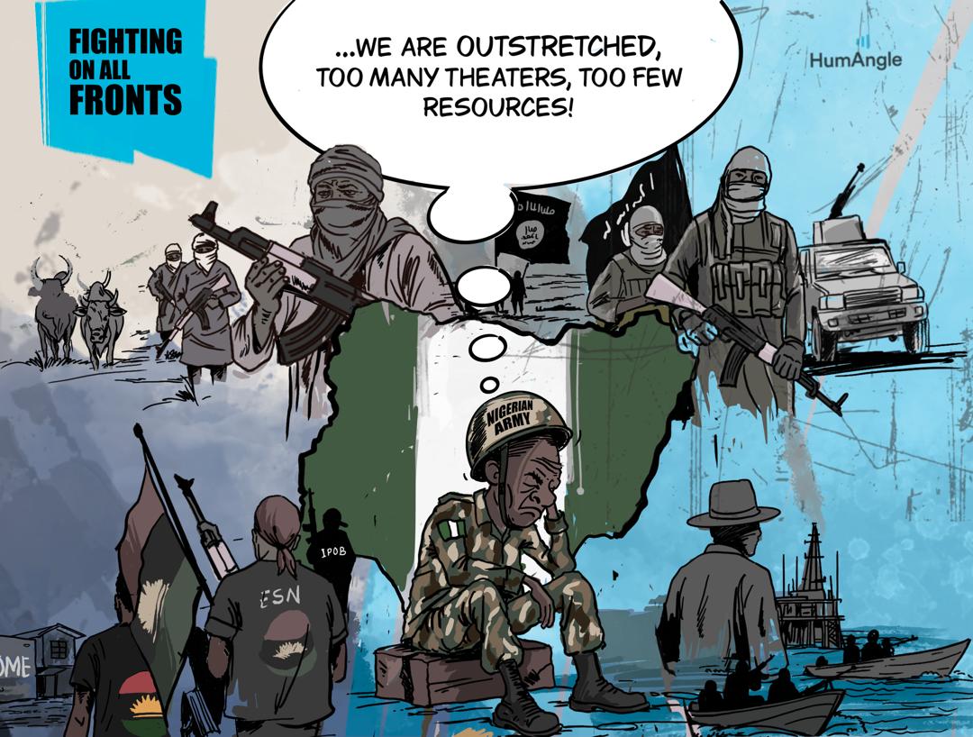 Comic shows Nigerian Army soldier overwhelmed by multiple threats across the country, with a thought bubble expressing resource strain.