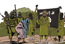 Militants wearing masks, holding weapons and a flag, with one person crouching in front. Background shows greenery.