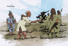 A group of civilians interacts with armed individuals in a field under a cloudy sky.