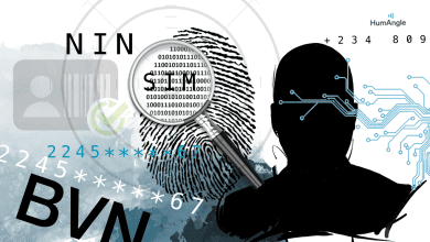 Silhouette with circuit patterns, magnifying glass on fingerprint, SIM, NIN, BVN text, and various numbers.