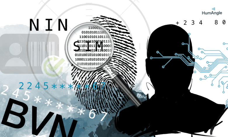 Silhouette with circuit patterns, magnifying glass on fingerprint, SIM, NIN, BVN text, and various numbers.