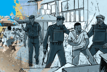 Illustration of police officers detaining a man on a bustling street, with bystanders and market stalls in the background.