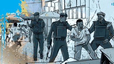 Illustration of police officers detaining a man on a bustling street, with bystanders and market stalls in the background.