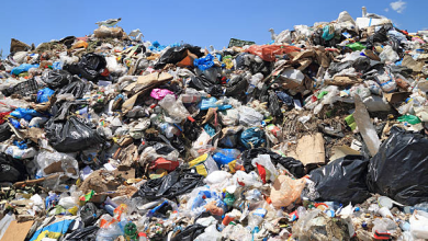 A large pile of assorted trash and plastic bags at a landfill under a clear blue sky.