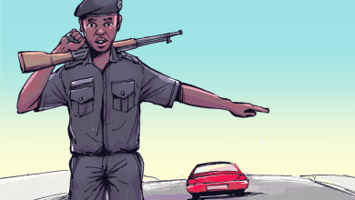 Illustration of a police officer with a rifle directing a red car on a road under a clear sky.