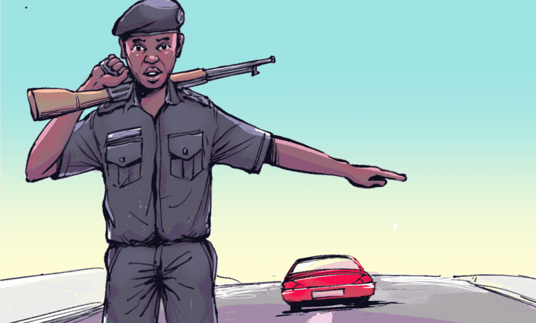 Illustration of a police officer with a rifle directing a red car on a road under a clear sky.