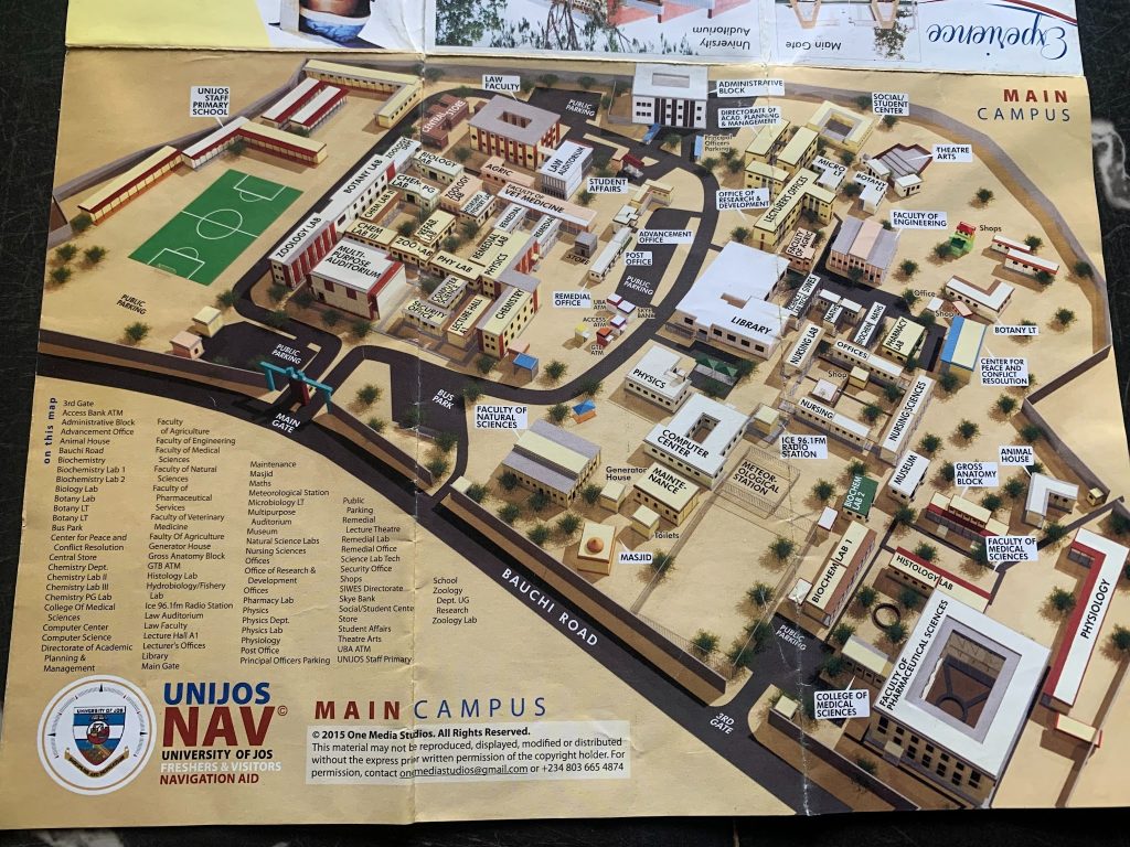 Map of University of Jos campus showing buildings like the library, labs, auditoriums, and faculty centers.