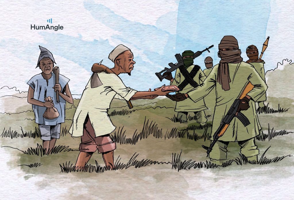 A cartoon shows a man offering bread to armed, masked figures in a grassy field.