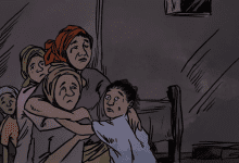 A group of four worried people huddles together inside a dimly lit room, their expressions filled with concern.
