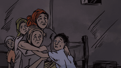 A group of four worried people huddles together inside a dimly lit room, their expressions filled with concern.
