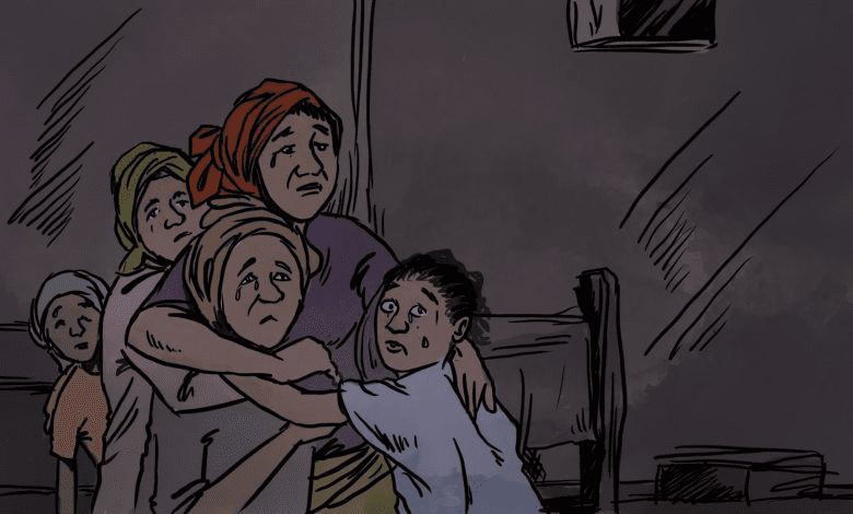 A group of four worried people huddles together inside a dimly lit room, their expressions filled with concern.