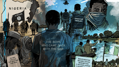 Illustration of conflict and hope in Nigeria, featuring soldiers, civilians, and text about reintegration and second chances.