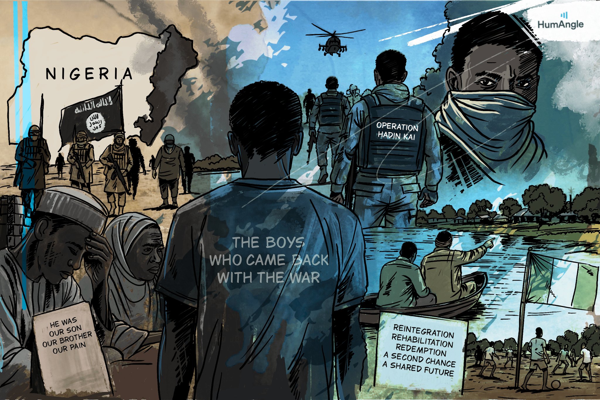 Illustration of conflict and hope in Nigeria, featuring soldiers, civilians, and text about reintegration and second chances.