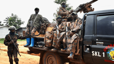 Soldiers in camo sit on a truck mounted with a gun, while another stands nearby with a rifle. Trees and structures in the background.