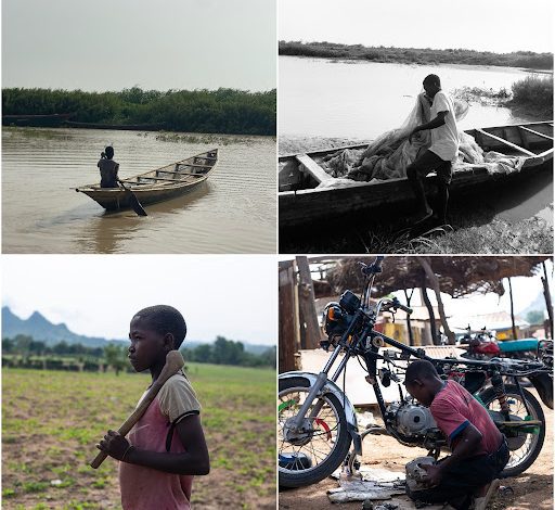 Collage of two boys: one rowing a boat, the other holding a net. Another boy stands with a stick, and a child repairs a motorcycle.