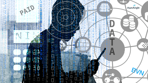 Silhouette of person with digital elements, binary code, and words like "DATA" and "PAID", symbolizing data security and technology.
