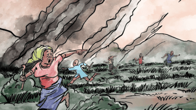 Illustration of people running from an erupting volcano, ash and rocks in the sky, a woman pointing with urgency in the foreground.