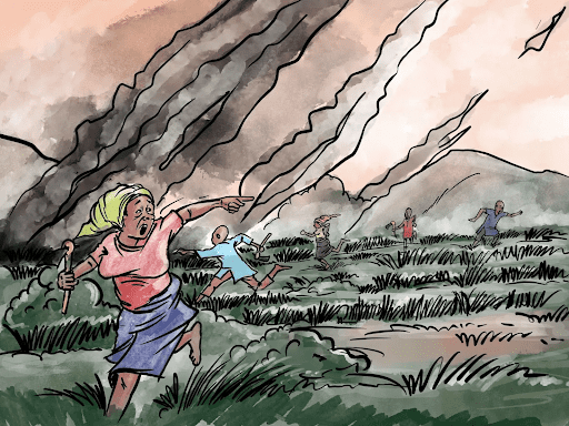 Illustration of people running from an erupting volcano, ash and rocks in the sky, a woman pointing with urgency in the foreground.