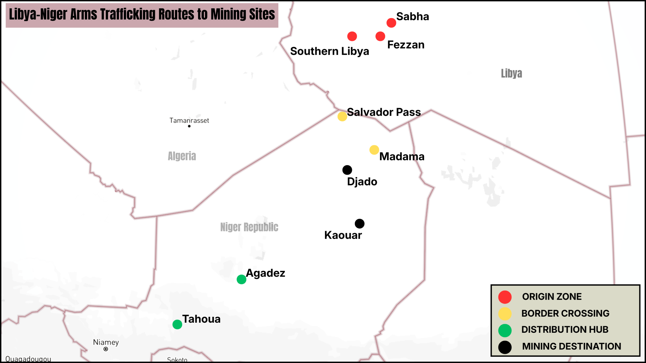 Map of Libya-Niger arms trafficking routes to mining sites, showing origin zones, border crossings, distribution hubs, and mining destinations.