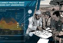 Illustration of people discussing a map, with text "AI cannot protect what it does not understand" and a conflict risk map of Lake Chad Basin.