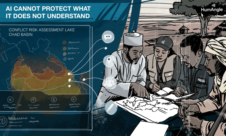 Illustration of people discussing a map, with text "AI cannot protect what it does not understand" and a conflict risk map of Lake Chad Basin.