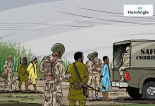 Soldiers escort people towards a truck labeled "Safety Corridor" in a grassy, rural area. The scene is illustrated with muted colors.
